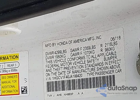 2018 Honda Accord Ex z USA, uszkodzony, nr VIN 1HGCV1F40JA199420